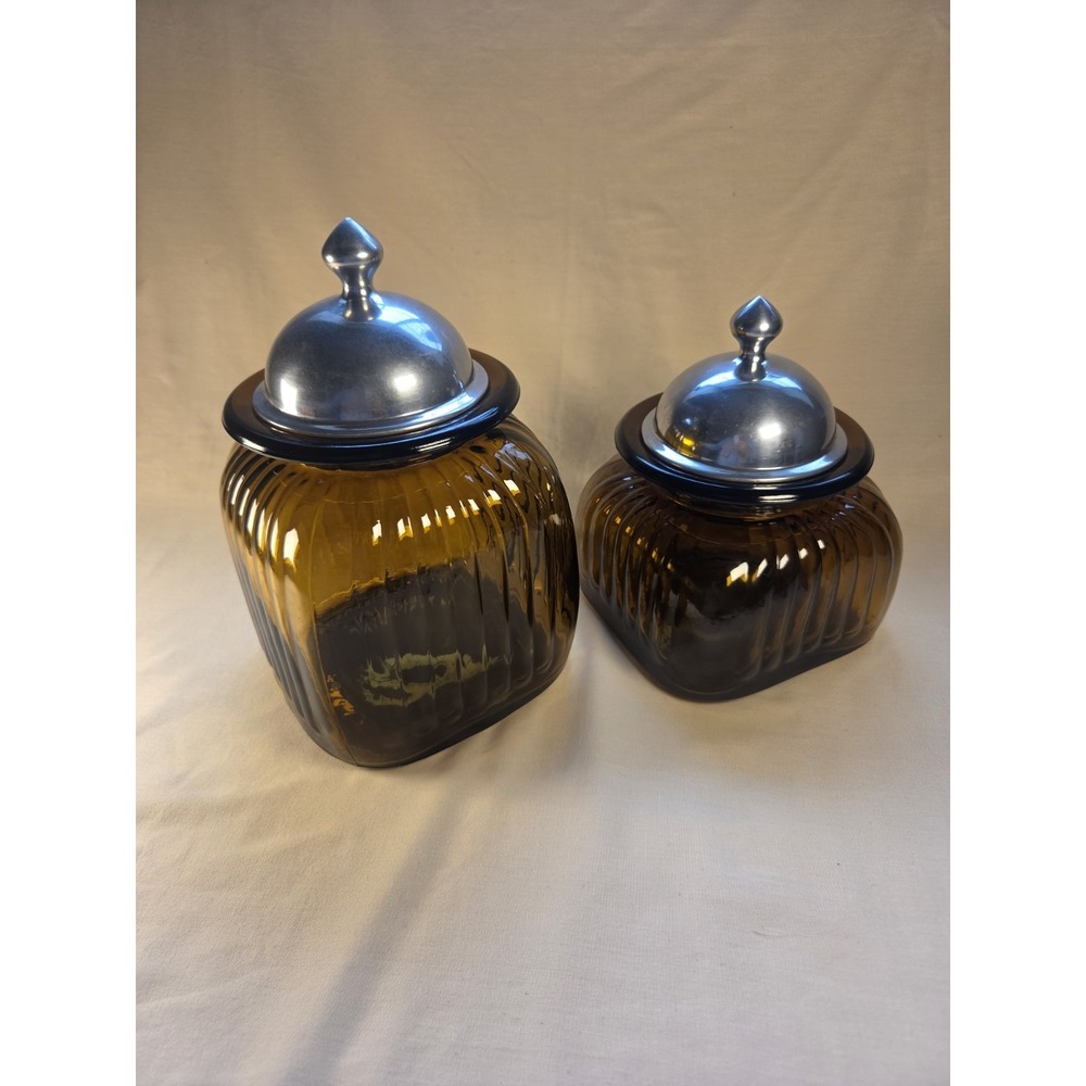 VINTAGE APOTHECARY ARTLAND AMBER RIBBED GLASS CANISTERS PEWTER with LIDS